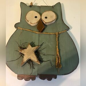 Primitive Owl Wooden Wall Hanger Nursery Blue Large
